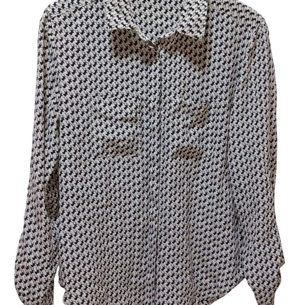 Ann Taylor Silk Blouse XS Deer Print‎ White Black Holiday Academia Office Chic
